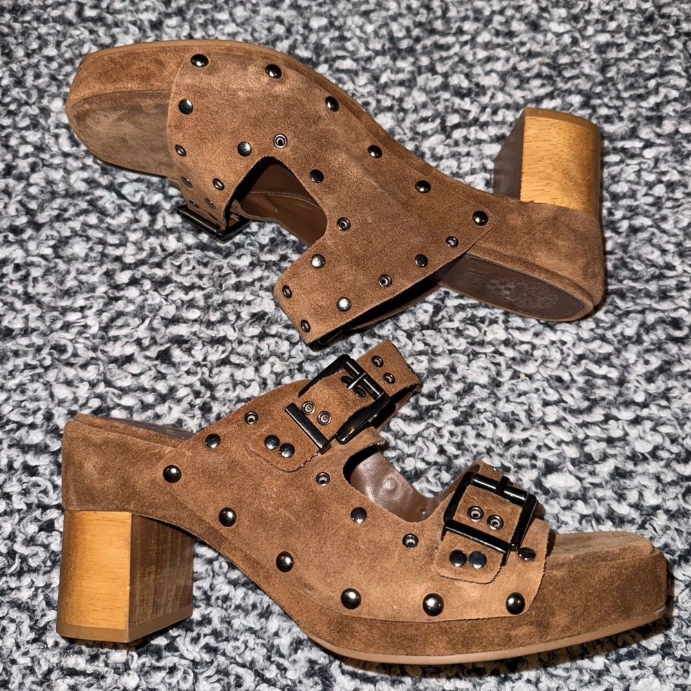 Vince Camuto Brown Suede Studded Block Heel Sandals Chloe Vibes 10